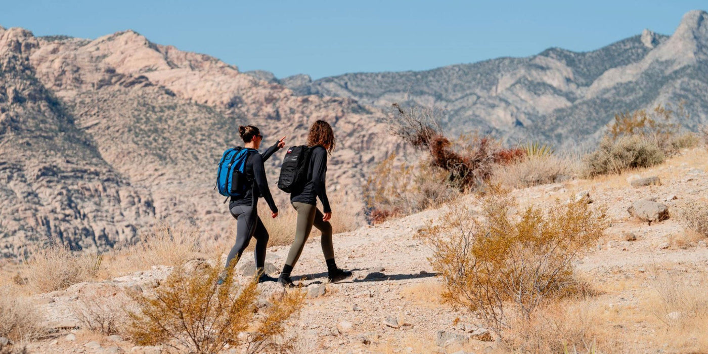 Two people hiking on a rocky trail with mountains in the background under a clear blue sky.