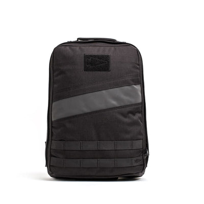 The Rucker 4.0 backpack offers a sleek black design with diagonal and horizontal gray stripes, ideal for stylish rucking enthusiasts who value both functionality and aesthetic appeal.