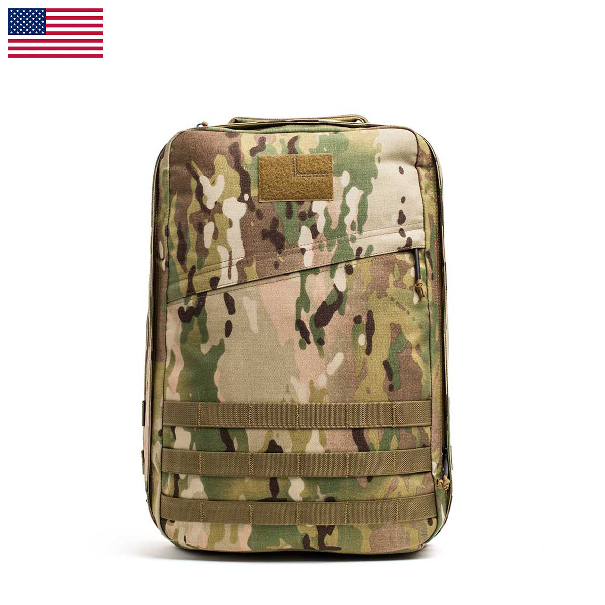 The GR1 USA - Cordura backpack, designed for durability and featuring multiple compartments, is shown against a white background. Perfect for a GORUCK Challenge, it proudly displays a small U.S. flag in the corner.