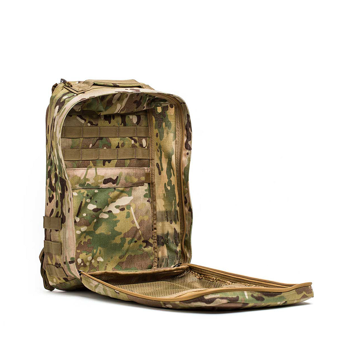 Open GR1 USA backpack in camouflage, reminiscent of a Special Forces rucksack, showcasing interior compartments and a flat front flap, against a white background.