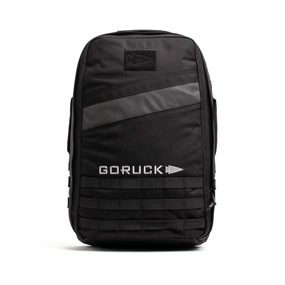 Black GORUCK Rucker 4.0 with reflective stripes and molle webbing on the front, perfect for rucking adventures.