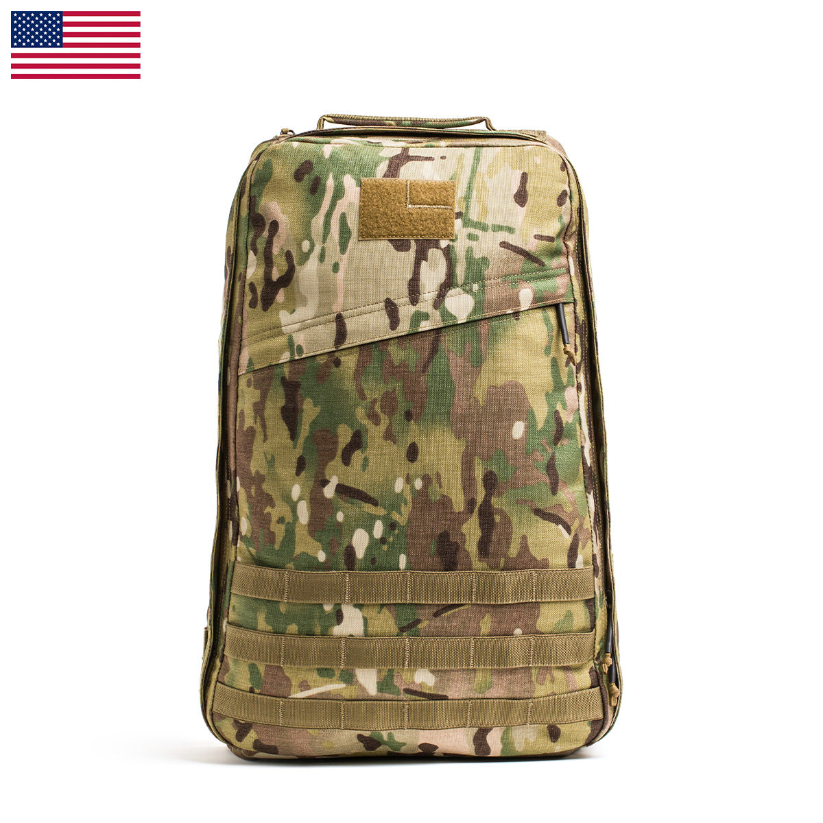 The GR1 USA - Cordura Backpack, known as The Original Ruck, features a bombproof laptop compartment, stands upright with its MOLLE straps and camouflage design, and has an American flag on the top left corner.