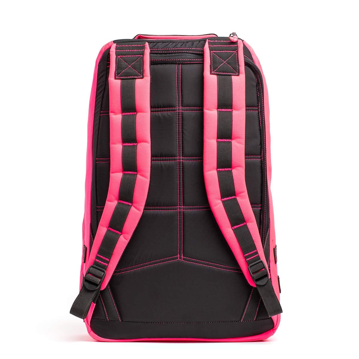 The image showcases the GR1 USA - Hot Pink backpack by GORUCK, featuring a black body with vibrant pink edges and straps, exuding toughness. Its padded straps and red stitching details emphasize its performance-ready design, standing upright against a plain white background like gear ready for Special Forces.