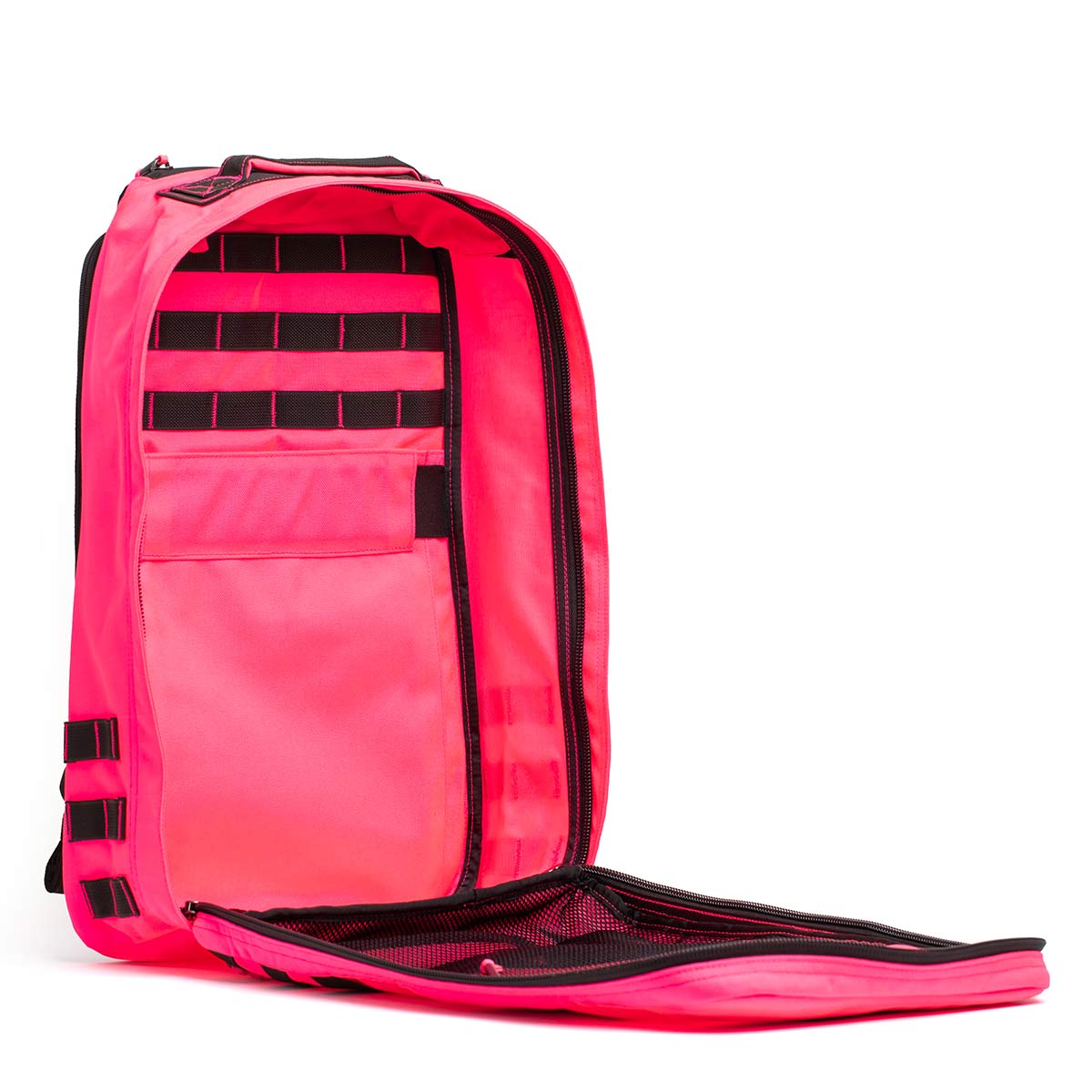 The GR1 USA - Hot Pink backpack from GORUCK is showcased against a plain white background with its front unzipped, revealing performance-driven interior compartments. The design includes black accents, a mesh pocket, and elastic loops for enhanced durability and organization.