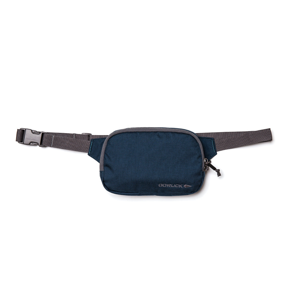 Navy belt bag with gray adjustable strap, black buckle, and compact front pocket secured by a durable YKK zipper.