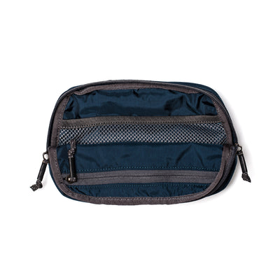 Dark blue Belt Bag crafted from durable Cordura fabric, featuring two zippered mesh pockets and sleek black zipper pulls.