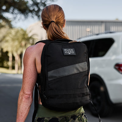 A person with a black Rucker 4.0 backpack stands near a white car on a sunny day.