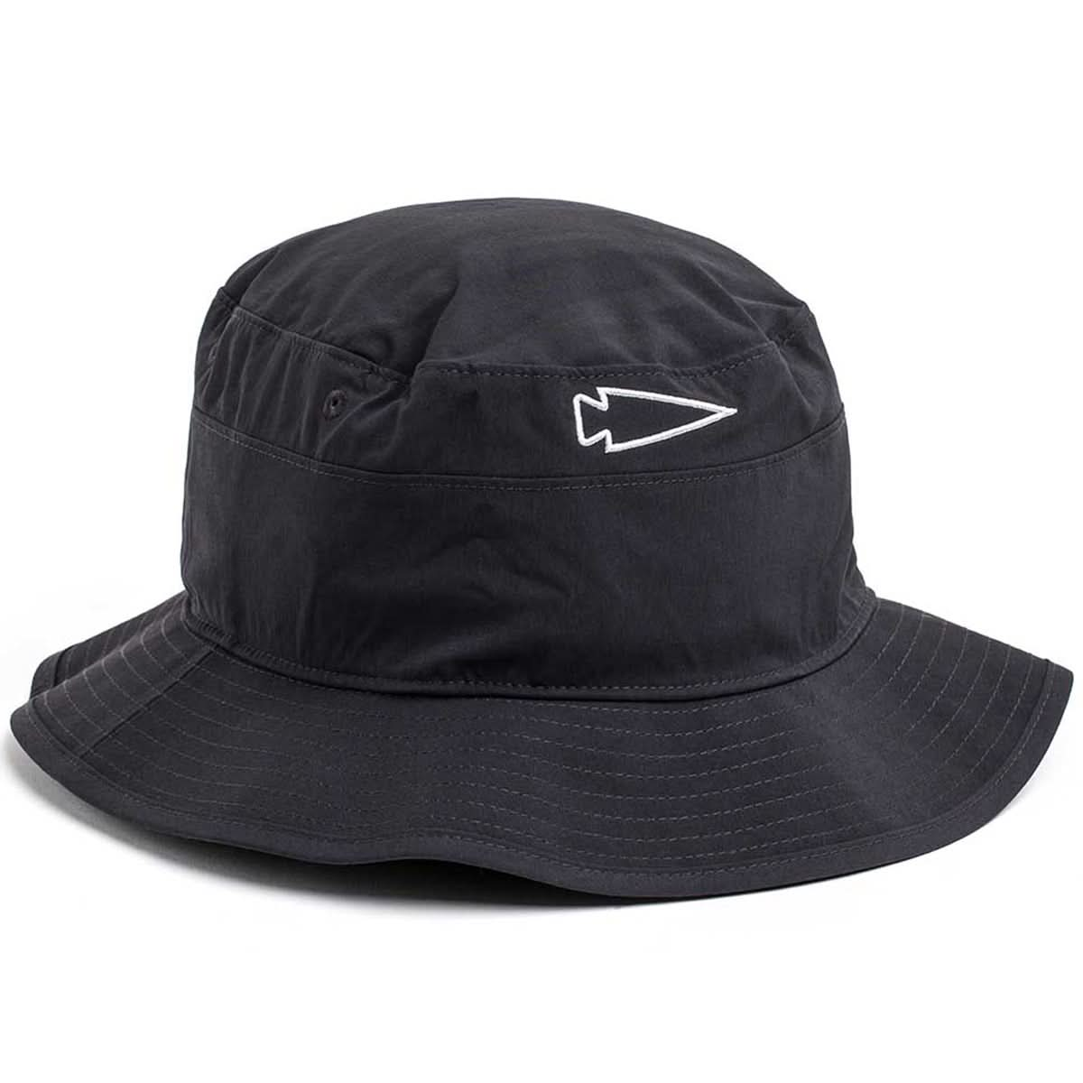 The Boonie Hat - Slick features a black ToughDry® fabric with a white arrowhead logo, offering a wide brim for element protection and stitched detailing.