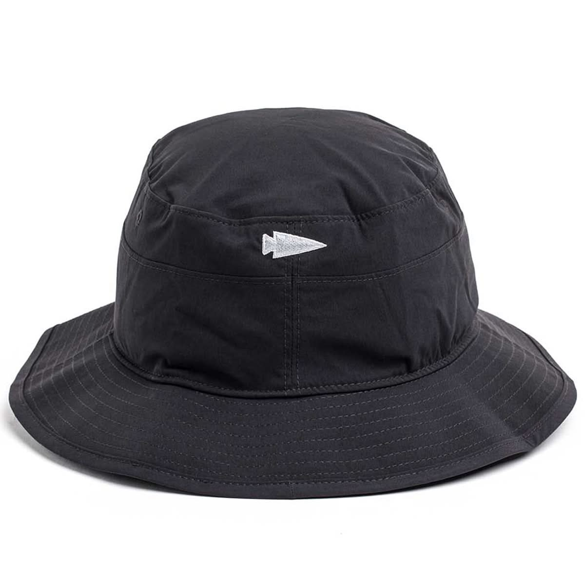 The Boonie Hat - Slick - ToughDry is a black bucket hat made from ToughDry® fabric, featuring a small arrow-shaped logo on the side, providing durability and protection from the elements.