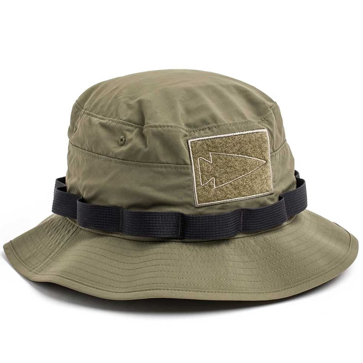 The Boonie Hat - Tactical - ToughDry features ToughDry® fabric, a black band, and a patch with a large arrowhead design for military style.