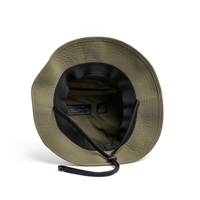 The Boonie Hat - Tactical - ToughDry is a military-style green hat made from ToughDry® fabric, featuring a black inner lining and an adjustable chin strap, elegantly displayed on a white surface.