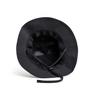 The Boonie Hat - Tactical - ToughDry is a black wide-brimmed hat with an adjustable string, viewed from above on a white backdrop.