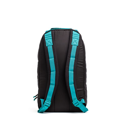 The Bullet Ruck Classic - Cordura is a black daypack featuring teal straps and a streamlined design, shown from the back against a white background.