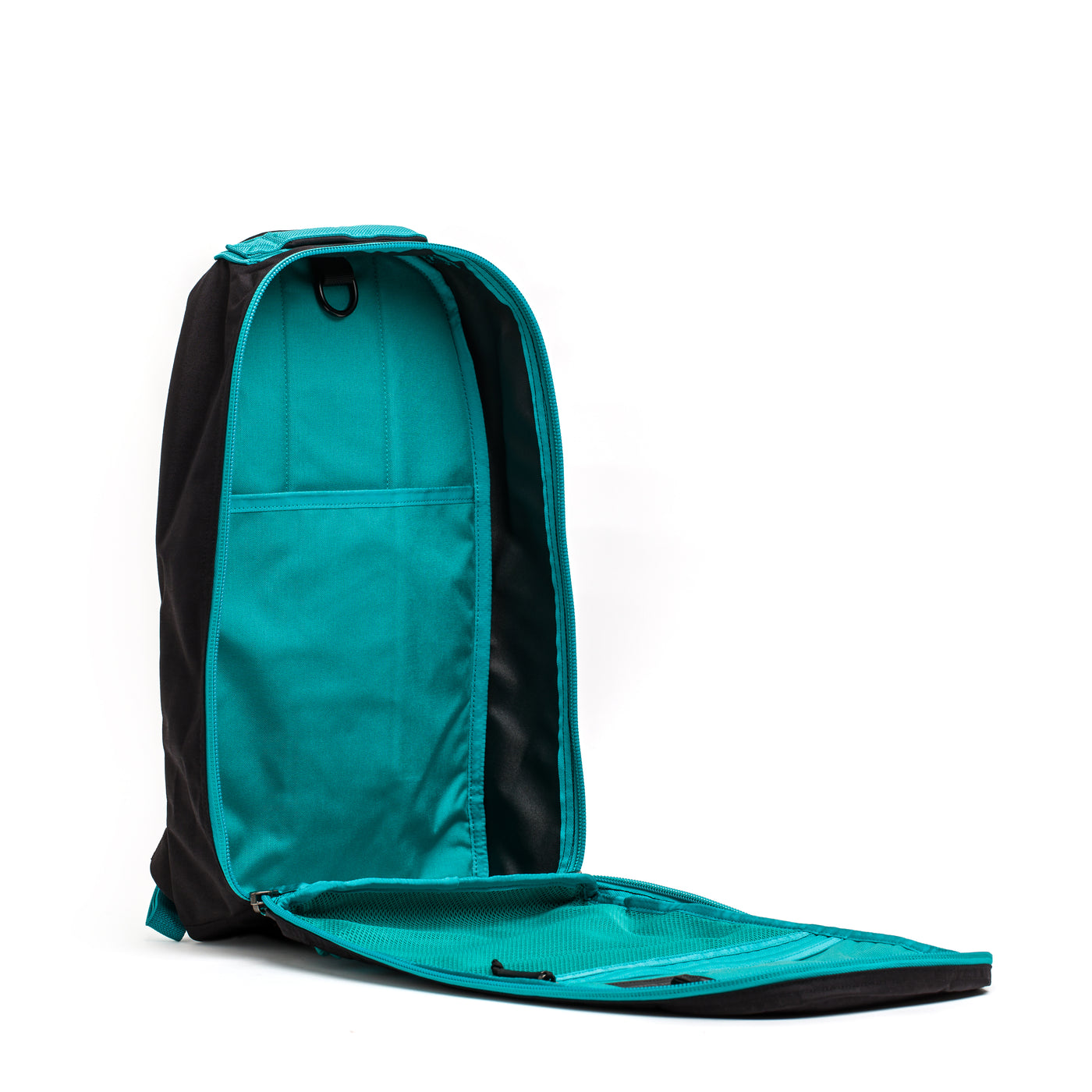 The Bullet Ruck Classic - Cordura is an open black and teal daypack with a sleek design, showcasing a visible main compartment and a durable Cordura front flap.