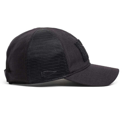 The side view of the Cadre Hat - CORDURA® in black highlights its mesh back and blank rectangular front patch, made from durable 500D CORDURA®.