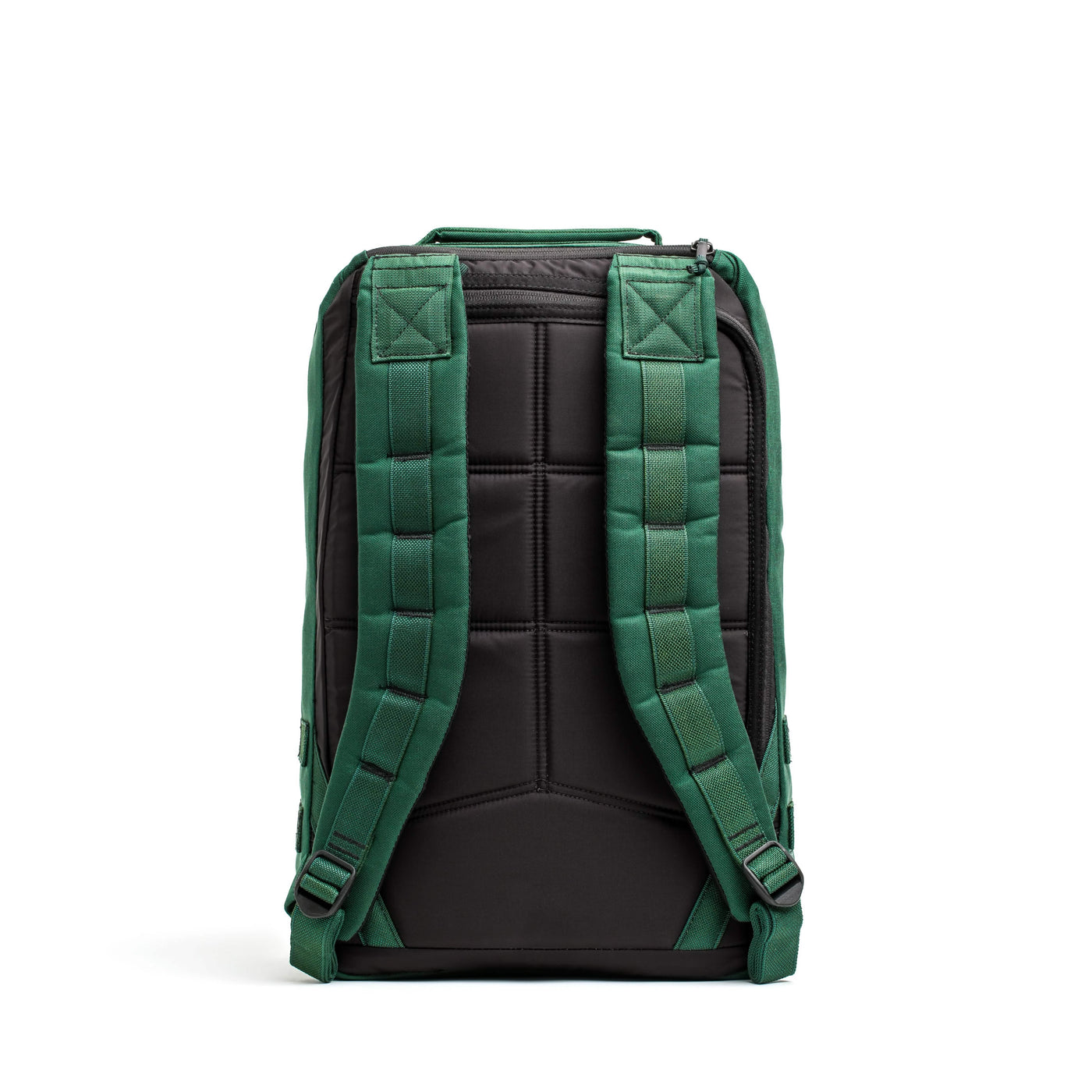 Rear perspective of a black and green GR1 USA - Cordura backpack, featuring padded, adjustable shoulder straps, specifically crafted to endure the challenges of a GORUCK event.