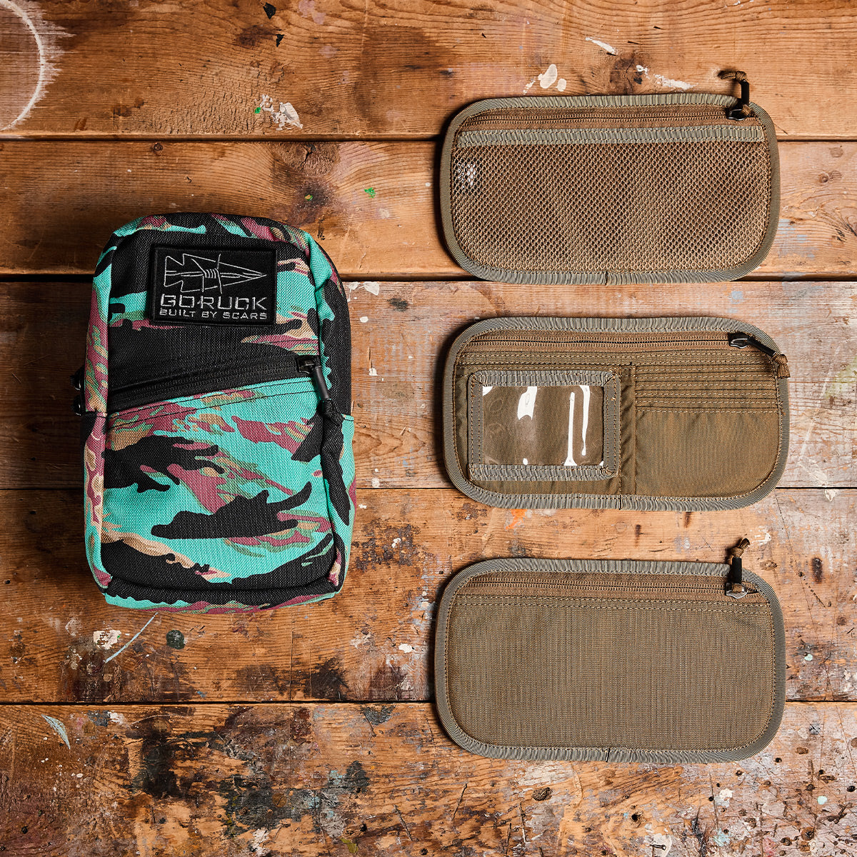 An Admin Panels set by GORUCK, featuring a camouflage-patterned bag ideal for EDC or travel, is showcased with three khaki-colored accessories: a mesh pouch, a transparent-window pouch, and a plain pouch, all elegantly arranged on a rustic wooden surface.