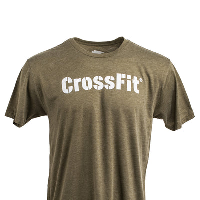 The CrossFit Stencil Tee - Tri-blend by vendor-unknown is an olive green T-shirt featuring "CrossFit" printed in white on the front.