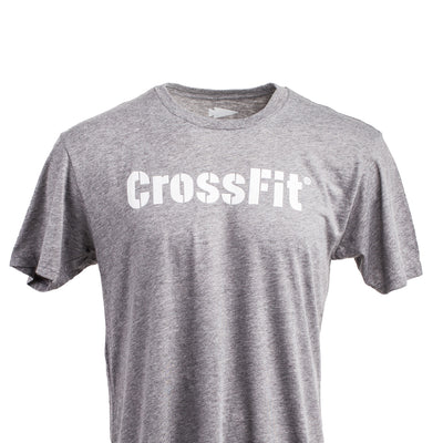 Gray CrossFit Stencil Tee from vendor-unknown, showcasing "CrossFit" in white letters on the front, made from high-quality tri-blend fabric for superior comfort.