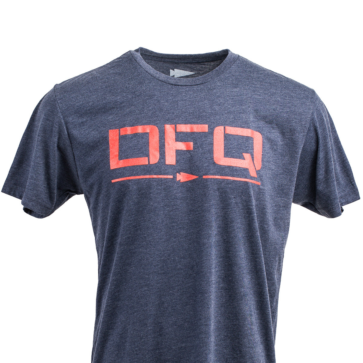 The DFQ Tee Tri-Blend by vendor-unknown is a blue T-shirt that showcases a striking red "DFQ" text and arrow design on the front, along with a discreet nod to the empowering motto "Don't F*king Quit.