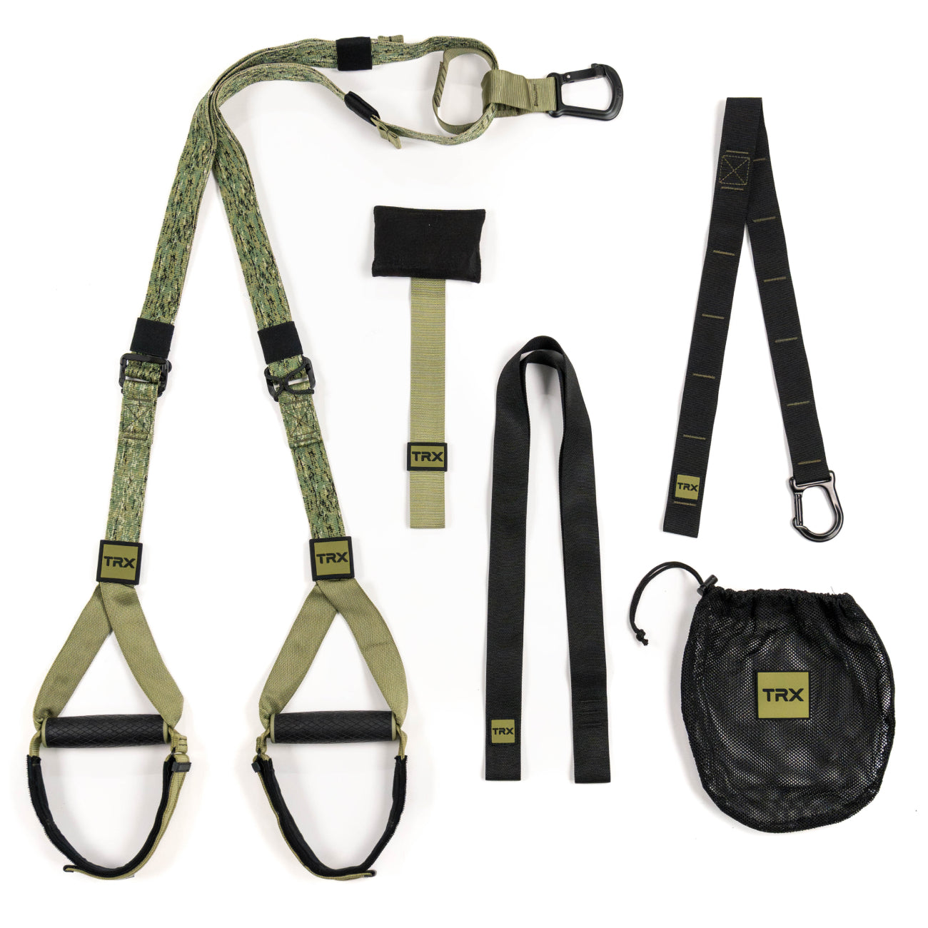 The TRX PRO4 CAMO, by TRX Training - United States, is ideal for a full-body workout with its camo-patterned straps and black handles. The set includes secure clips, a mesh carrying bag, and additional accessories, all beautifully displayed on a white background.