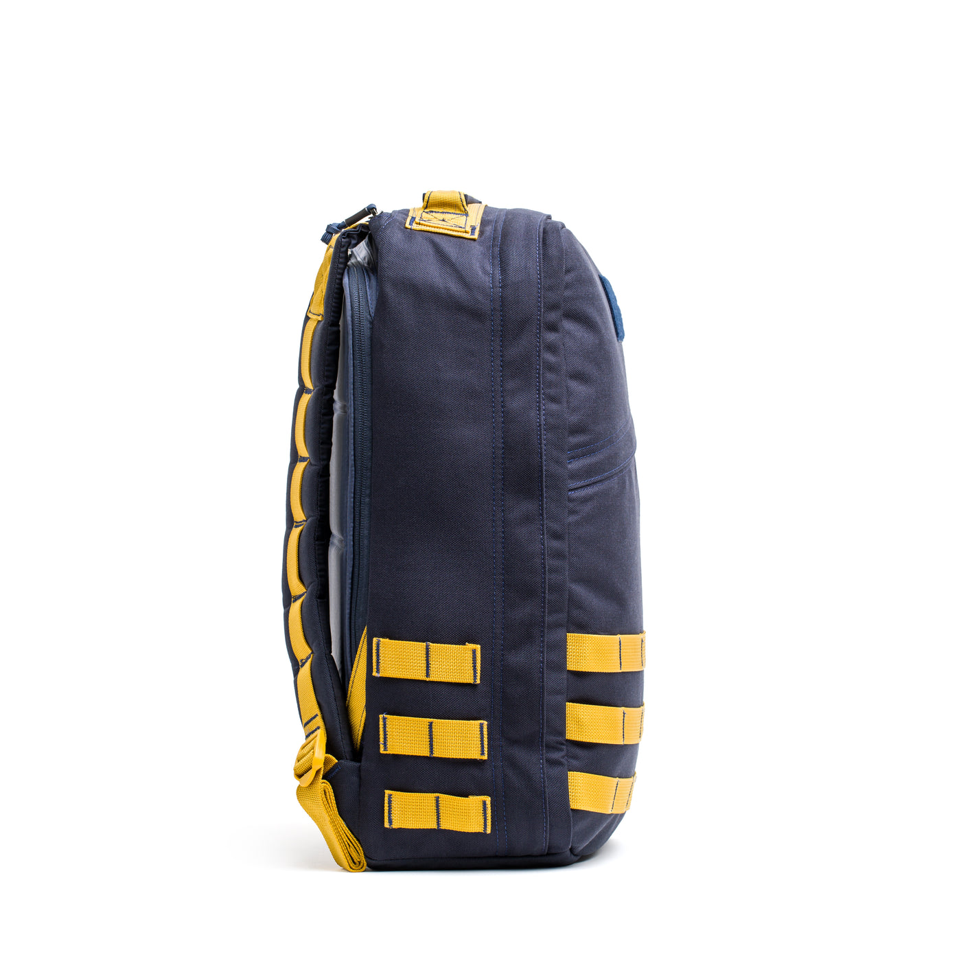 Side view of the GR1 USA - Cordura by GORUCK in navy blue with yellow straps, showcasing multiple compartments and a padded shoulder strap, ideal for a GORUCK Challenge.