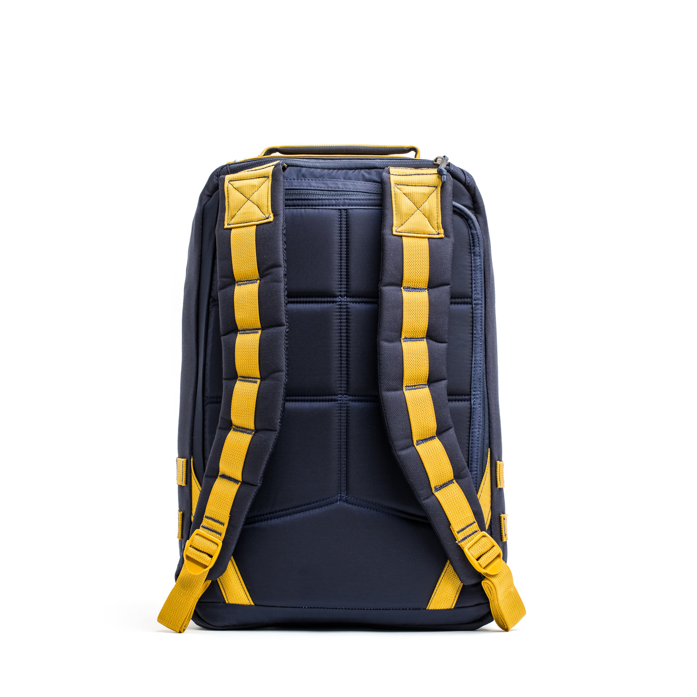 The rear view of the GR1 USA - Cordura backpack from GORUCK features yellow straps, a padded back panel, and is designed for the GORUCK Challenge.