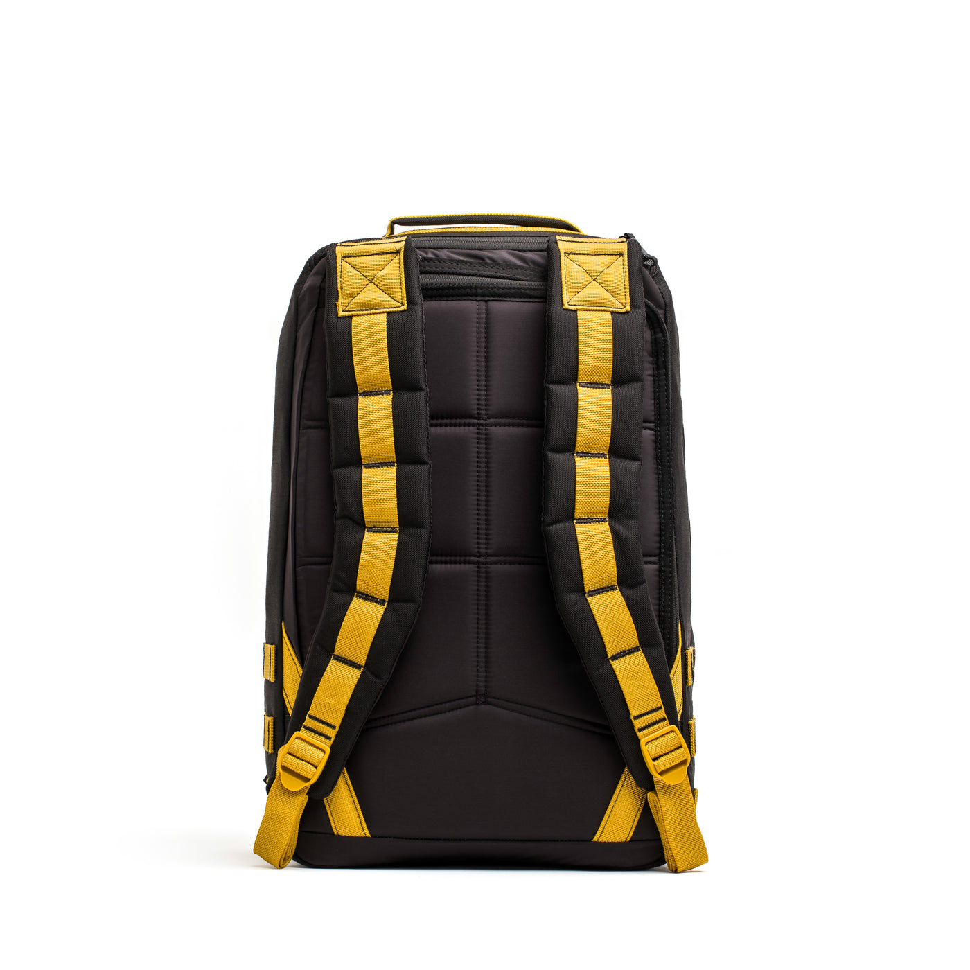 The GORUCK GR1 USA - Cordura (The Original Ruck) backpack, featuring a durable design with black fabric and yellow straps and handle, is displayed from the back against a white background.