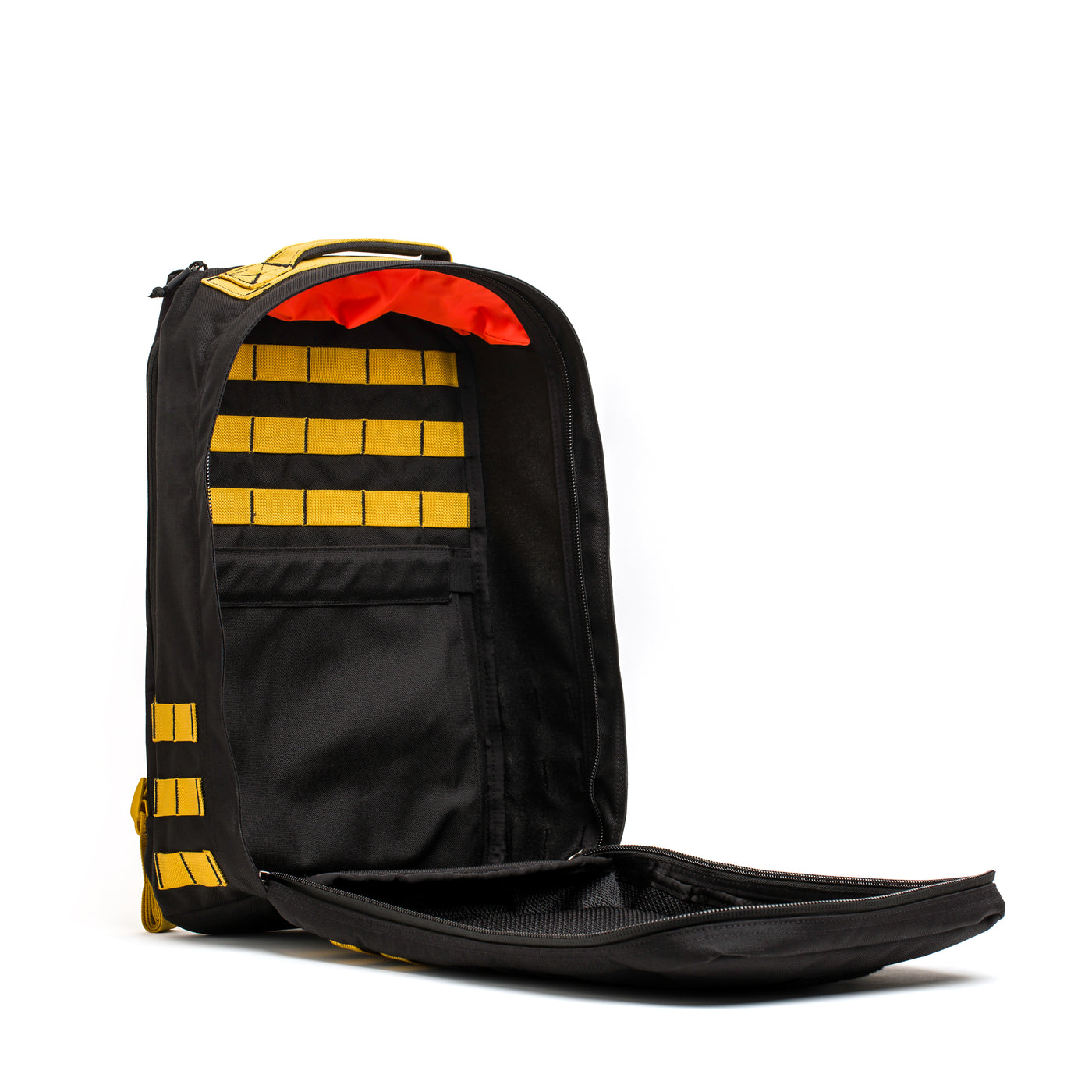 The GR1 USA - Cordura by GORUCK, renowned for its durability and versatility, showcases striking yellow straps and a vibrant orange interior. Its spacious open compartments exemplify the reliability favored by Special Forces operatives.