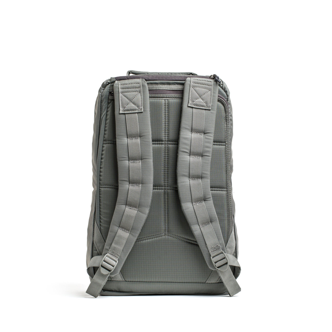 The GORUCK GR1 USA - Ripstop ROBIC® is displayed from the back, highlighting its padded straps and quilted texture. Made from ultra-lightweight Ripstop ROBIC® nylon, this gray backpack is water-resistant for enhanced durability.