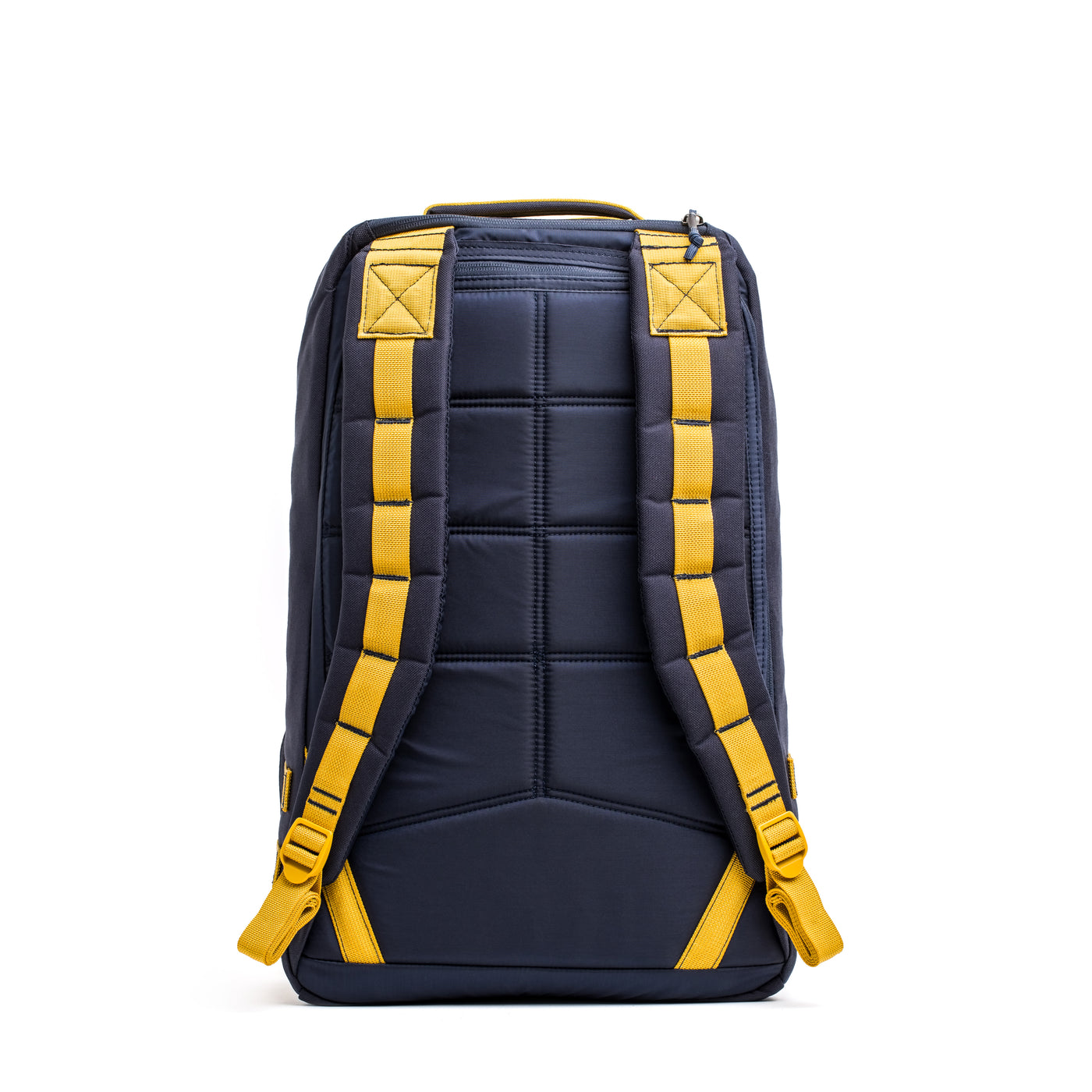 A GORUCK GR1 USA - Cordura (The Original Ruck) in navy blue with yellow straps, showcasing a Special Forces grade design and a bombproof laptop compartment, depicted from the back on a white background.