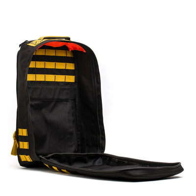 Explore the GR1 USA - Cordura (The Original Ruck) by GORUCK, a black and yellow backpack equipped with multiple compartments and a handy mesh pocket. Designed for durability in the harshest conditions, this rucksack draws inspiration from Special Forces, making it ideal for any GORUCK Challenge.