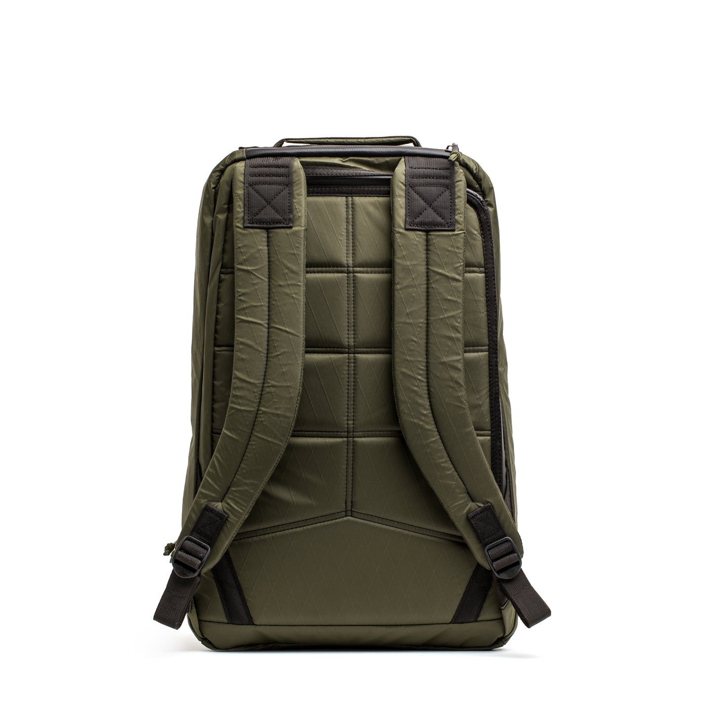 The GR1 USA - X-PAC by GORUCK is displayed upright against a white backdrop, featuring padded straps and a quilted back, and highlighting its waterproof durability.