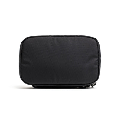 Introducing the GR1 Field Pocket USA - X-PAC by GORUCK, a black rectangular toiletry bag with a minimalist aesthetic highlighted by subtle diagonal stitching. Made from durable X-PAC material, this stylish travel companion is ideal for any trip. The bag is displayed against a white background.