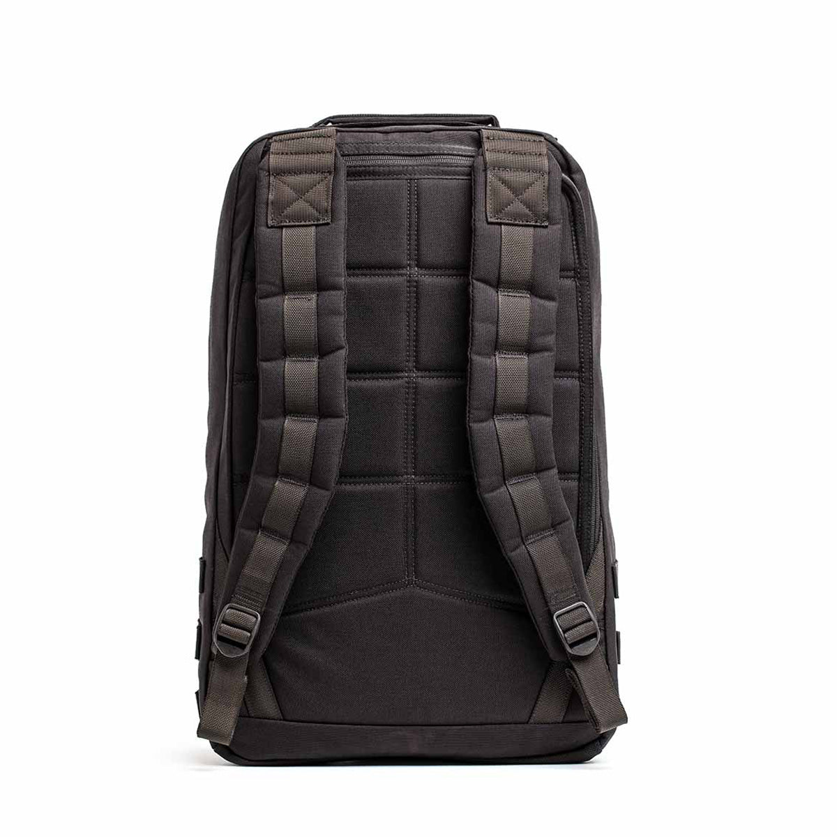 View of the GR1 USA Throwback backpack's back, featuring padded straps and a quilted design, crafted from durable black 1680 Ballistic Nylon.