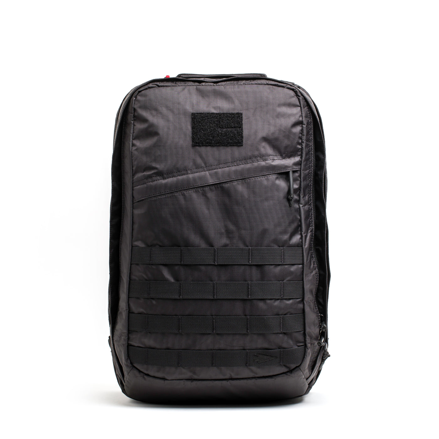 Introducing the GR2 - Dyneema by GORUCK: a stylish black tactical backpack constructed from abrasion-resistant materials. It features multiple compartments with a front patch area and includes horizontal webbing for attachments, side zippers, and a minimalist design ideal for everyday carry.