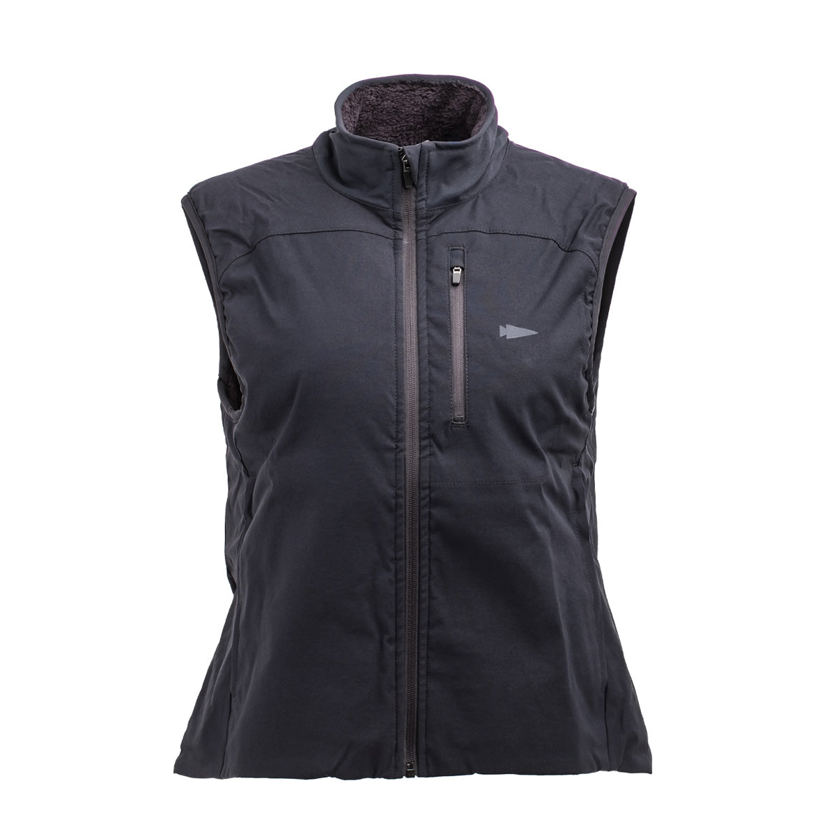 The Women's Vest of Power in ToughDry® + Fleece is a black sleeveless jacket with a high collar, front zipper, and small chest pocket. Inspired by GORUCK, this USA-built piece combines durability and style, making it an essential addition to your wardrobe.