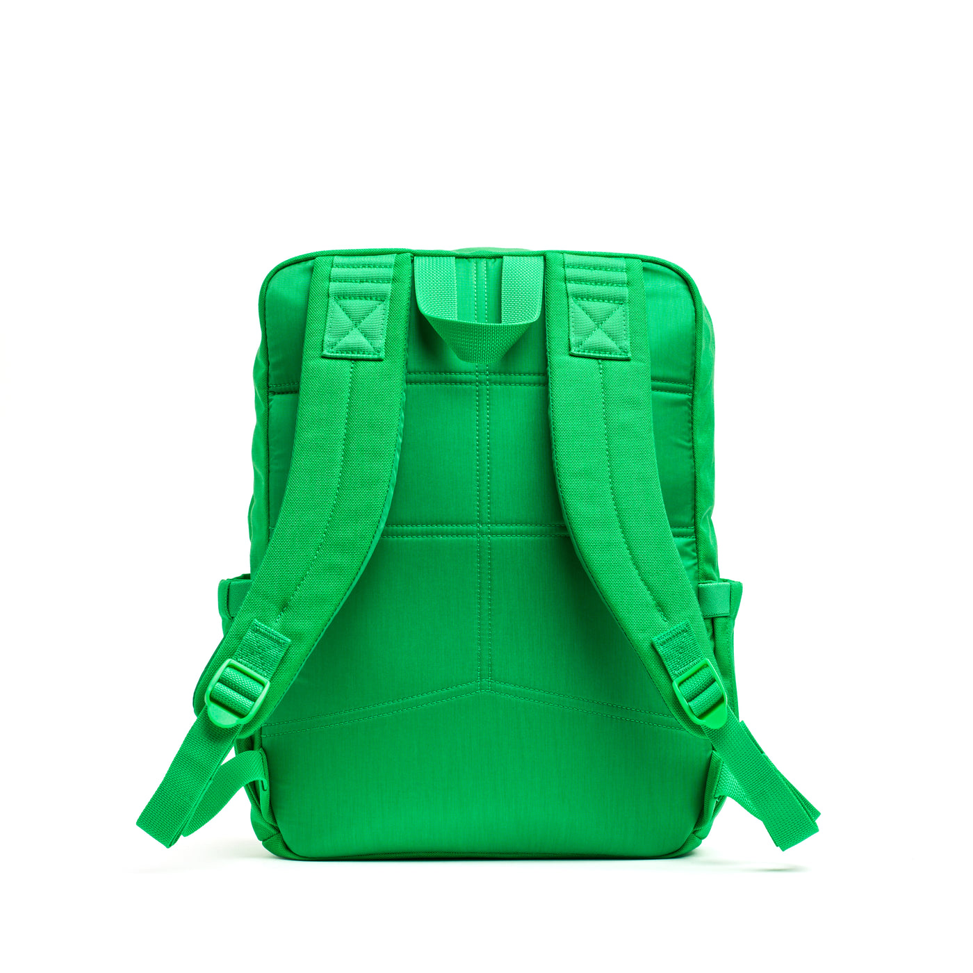 The KR1 2.0 - Kid Ruck by GORUCK is displayed in a vibrant green color from the back, emphasizing its durable design with reinforced stitching. The straps and padding are prominently featured against a plain white background.