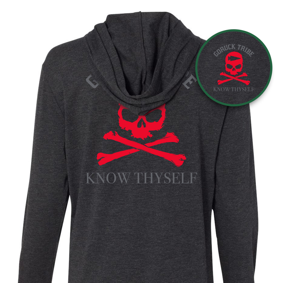 The GORUCK Know Thyself Tribe Hoodie - Tri-Blend features a dark design with a red skull and crossbones, the text "KNOW THYSELF," and a circular logo on the top right. Ideal for those embracing challenges, it embodies the spirit of a GORUCK Challenge or GORUCK Tribe adventure.