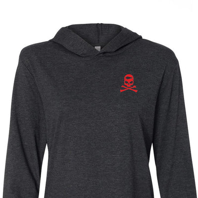 The GORUCK Know Thyself Tribe Hoodie - Tri-Blend is a dark gray hoodie featuring a red skull and crossbones on the upper chest, ideal for those embracing the challenge of the harder path.