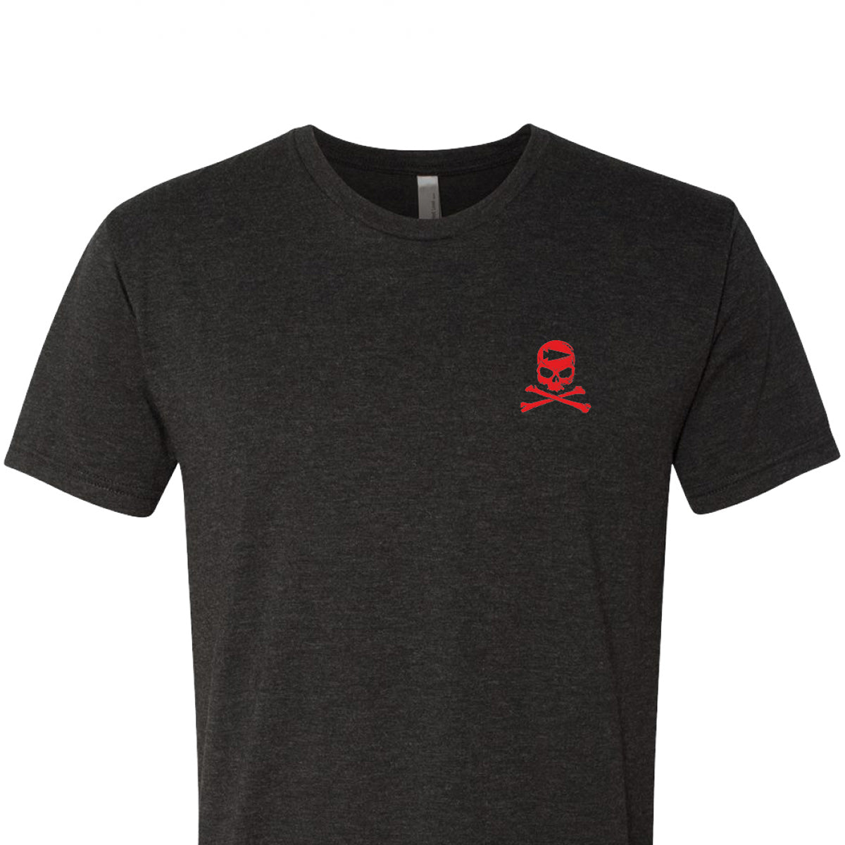 The GORUCK Know Thyself Tribe Tee - Tri-Blend is a dark gray shirt featuring a small red skull and crossbones on the upper left chest, ideal for those taking part in a GORUCK Challenge.