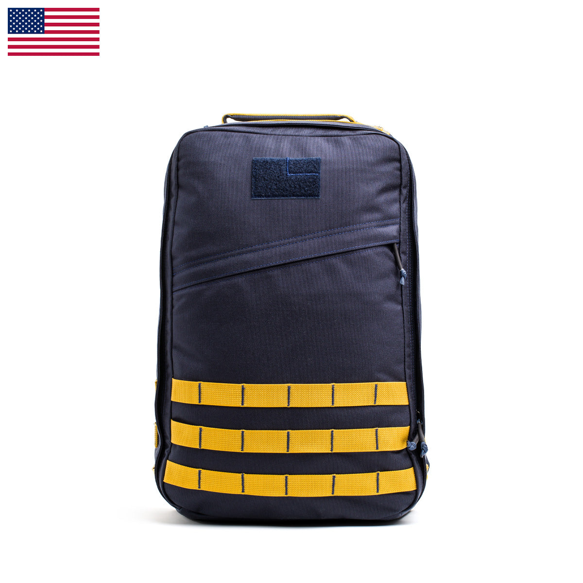 A black GR1 USA - Cordura backpack from GORUCK, showcasing yellow horizontal straps and a small American flag in the top corner, sits against a white background. Inspired by Special Forces gear, this original ruck embodies rugged durability and reflects the adventurous spirit of the GORUCK Challenge.