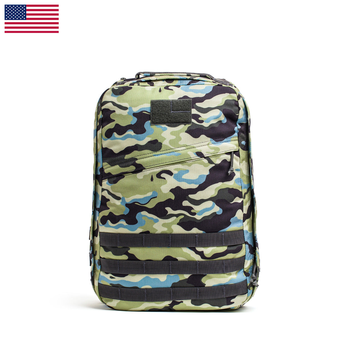 Durable GR1 USA - Cordura (The Original Ruck) by GORUCK, designed for Special Forces, featuring a camouflage pattern and a small USA flag in the top left corner, ensuring reliability and functionality in challenging environments.