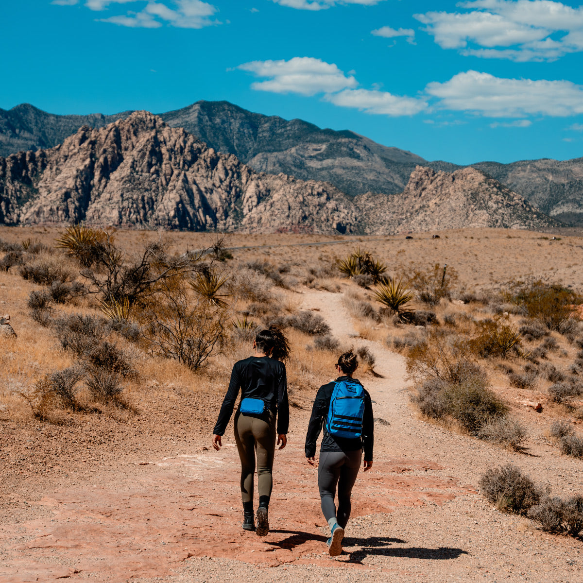 Two people hike on a desert trail, with rugged mountains looming under a bright blue sky. Each carries a GORUCK Bullet Ruck crafted from durable Ripstop ROBIC® nylon, perfectly suited for their adventurous journey.