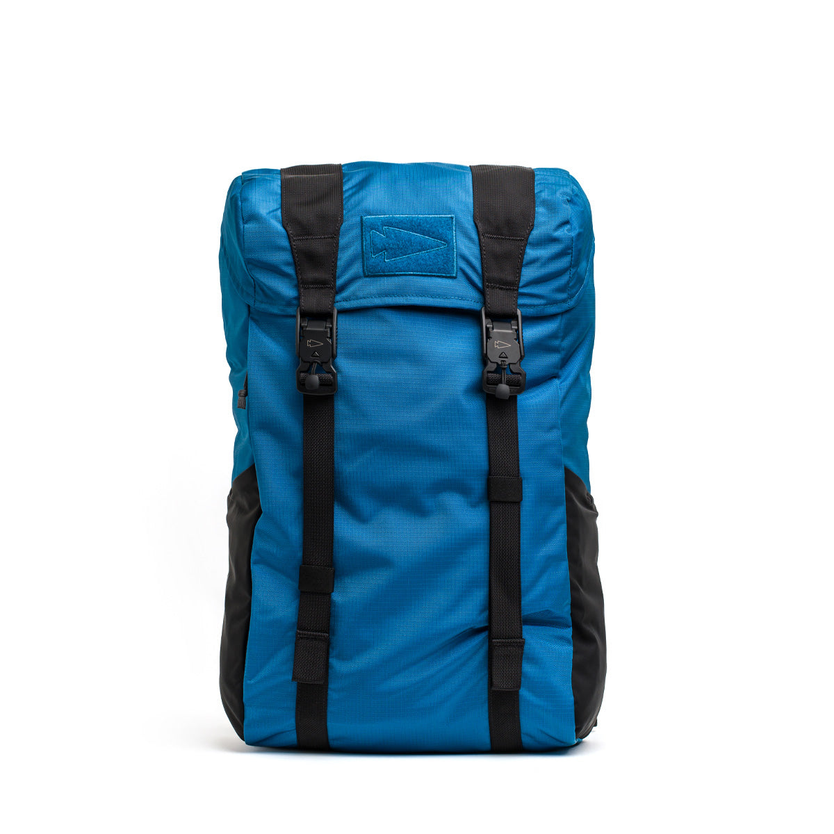 The GORUCK M24 - Ripstop ROBIC® rucksack showcases a chic blue and black design, featuring two front buckles and a top flap, all crafted from robust materials for long-lasting durability.