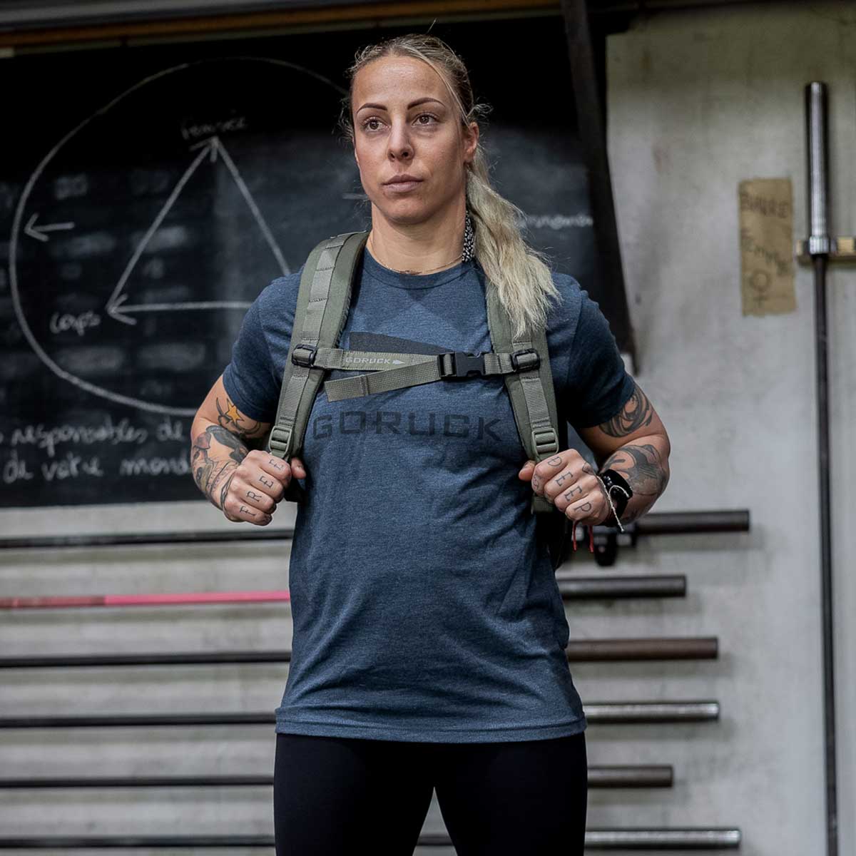 A person with a backpack stands confidently in a gym, wearing the GORUCK Spearhead Tee - Tri-Blend from vendor-unknown and black pants. Behind them is a chalkboard featuring a triangle drawing along with gym equipment like weights and a barbell, reflecting their Special Forces origins.