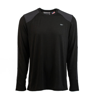 Men’s Commando Long Sleeve by GORUCK, featuring a black merino wool design with dark shoulder patches and reinforced paneling, displayed on a white background.