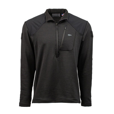 The Men’s Half Zip - Polartec Grid Fleece by GORUCK is a black, long-sleeve pullover crafted from Polartec Power Grid fabric. It features a half-zip design, shoulder patches, and a zippered chest pocket, with a textured pattern that enhances its unique style.