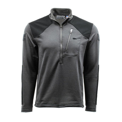 The GORUCK Men’s Half Zip - Polartec Grid Fleece is a black and gray long-sleeve pullover featuring a quarter zip and a zippered chest pocket. With fleece lining and Polartec Power Grid technology, it includes shoulder and elbow paneling for a rugged appearance.