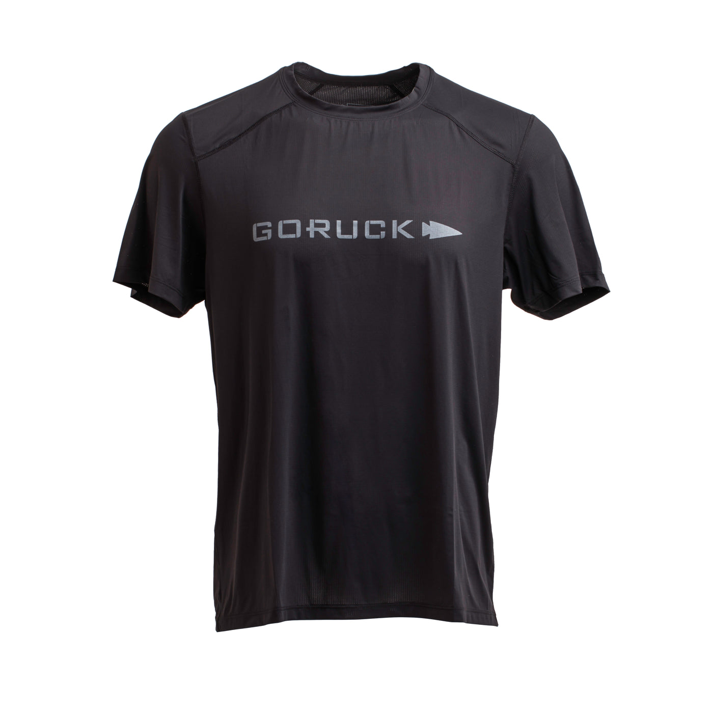 The Men’s Performance Tee - ToughMesh from GORUCK is a black short-sleeve T-shirt made with quick-drying performance fabric, showcasing the brand name in gray across the front along with an arrowhead logo.